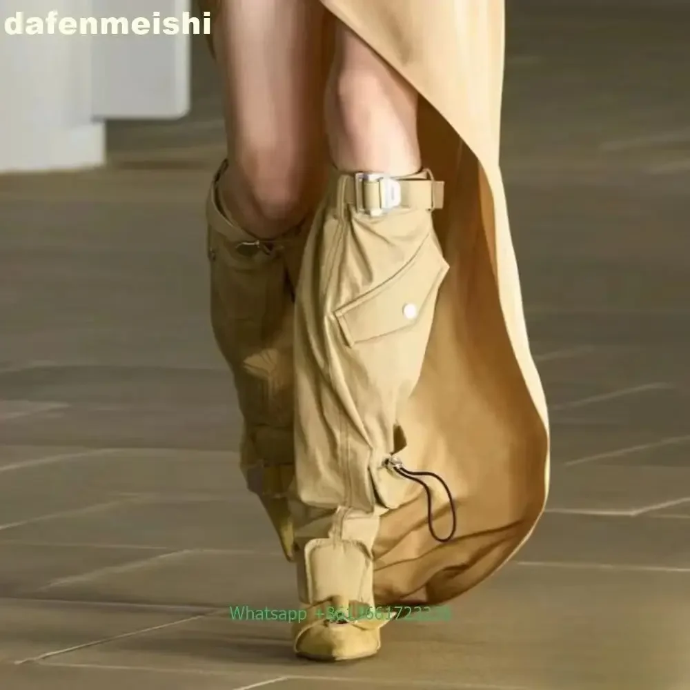 

Belt Buckles Pleated Knee-High Boots 2025 Winter New Fashion Thin Heel Pointed Boots Black/beige Side Pocket Zip Splicing Boots
