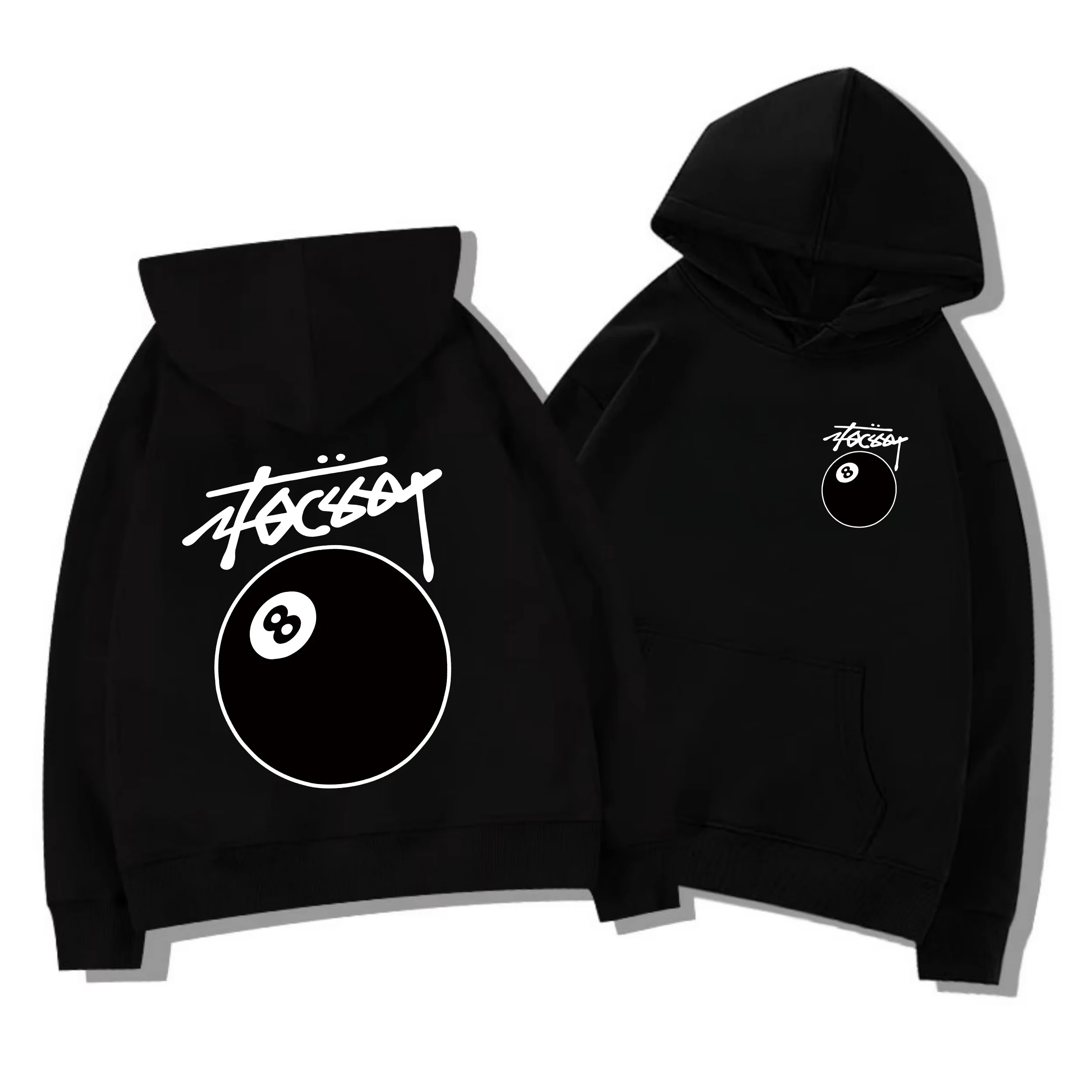 2025 National Tide American Heavy Black 8 Patrón de estampado de bolas de billar Hombres y mujeres Otoño Sudadera con capucha de alta calidad