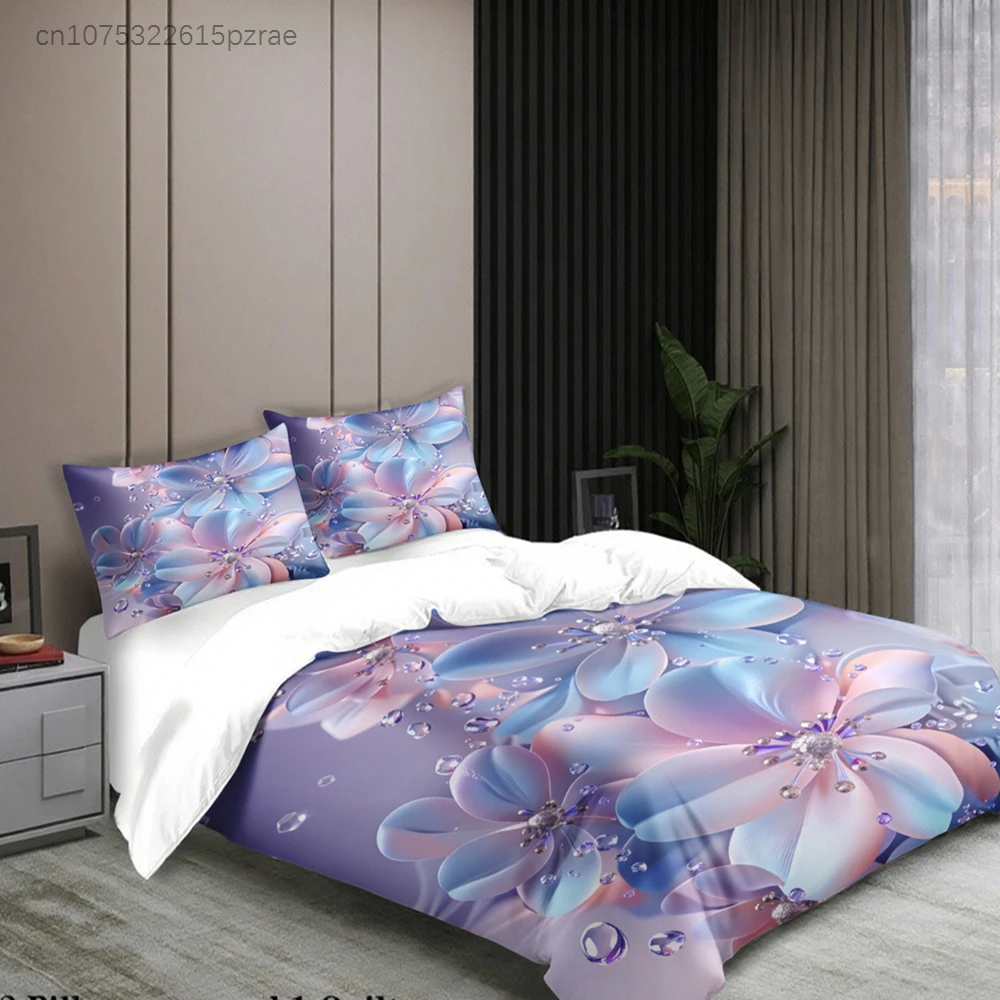 Floral Bedding Set Purple Blue Pink Flowers With Dewdrops Pattern With Duvet Cover & Pillowcases For Bedroom Decor