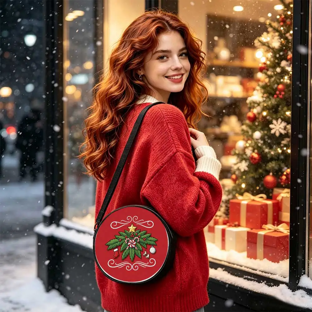 Christmas wreath decoration Print Round Women Shoulder Bag, leisure crossbody purse, 2D flat, retractable strap, practical gift