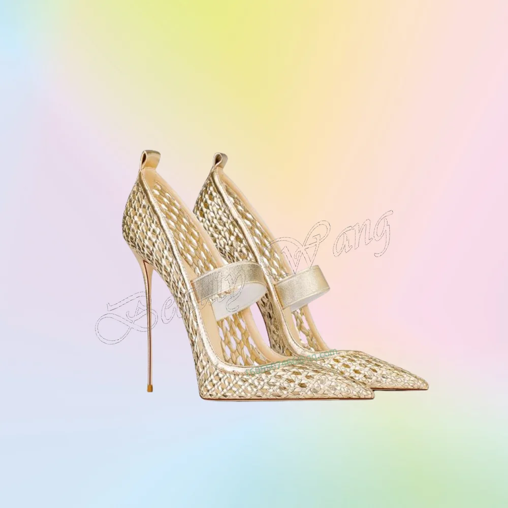 ゴールドのような中空デザインのウェーブ型浅履きスティレットヒール、ポインテッドトゥ、細いハイヒール、レディースウェディングシューズ2025、女性用サンダル