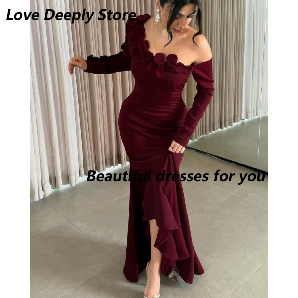 Robe de soirée bordeaux pour femmes, élégante, épaules dénudées, fleurs, longueur cheville, robe de bal sirène, manches longues, robe formelle personnalisée