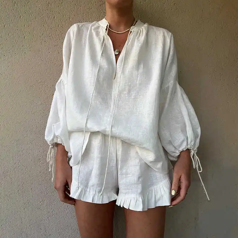 

Summer Long SVE Women's Suit Leisure irt Two Piece Set Cotton Long Sve Ne Zipper Closure ort Pants Faionable