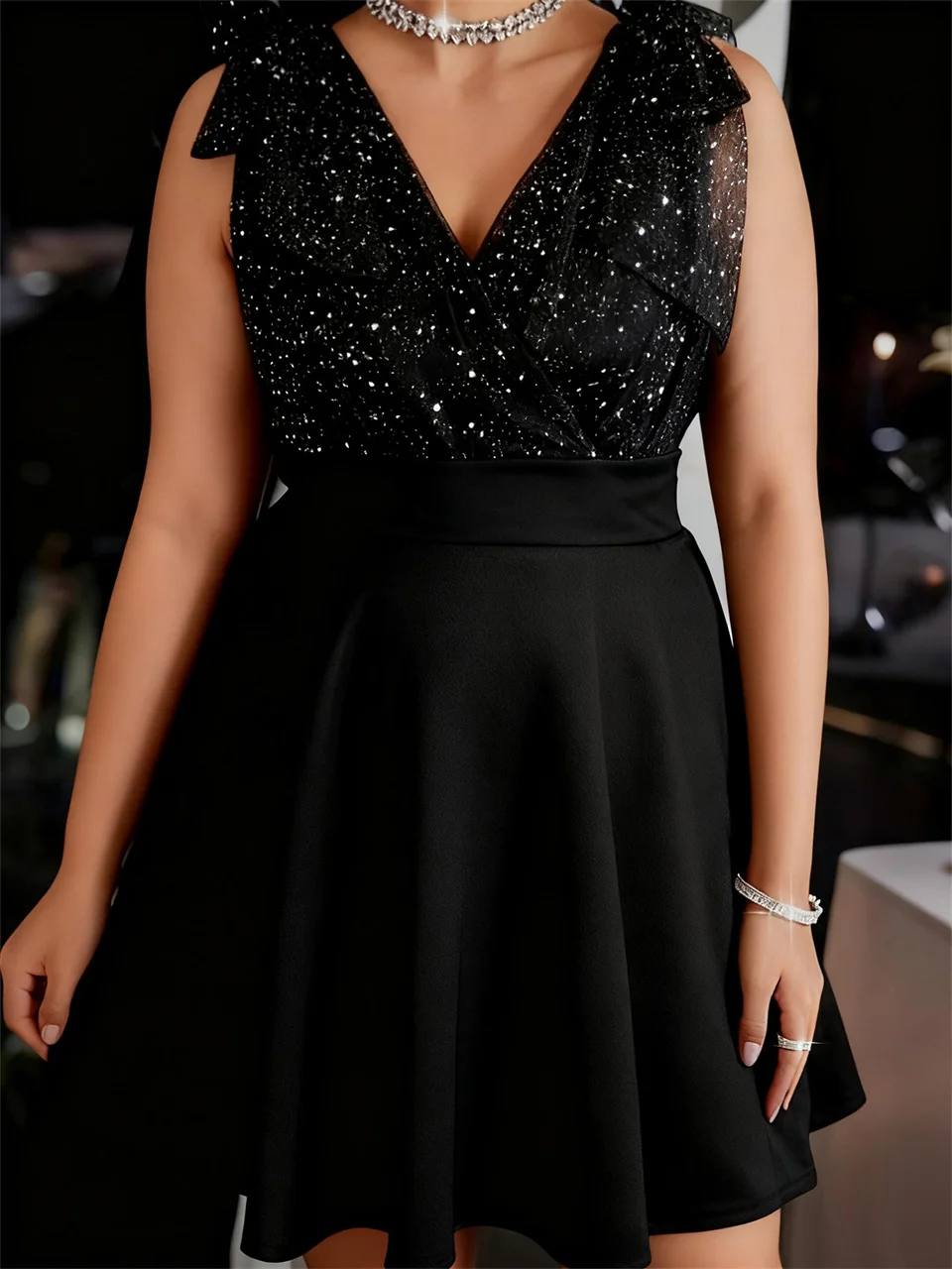 GIBSIE Plus Size Shoulder Bow Sequin Mesh Splicing A-Line Dress Women Solid Color V-Neck Sleeveless Elegant Party Short Dresses