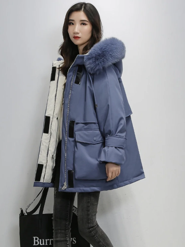 Thick Solid Hooded Patchwork Zipper Pockets Parkas Autumn Casual Korean Style Down Coats Mom Office Lady Winter Clothes Women