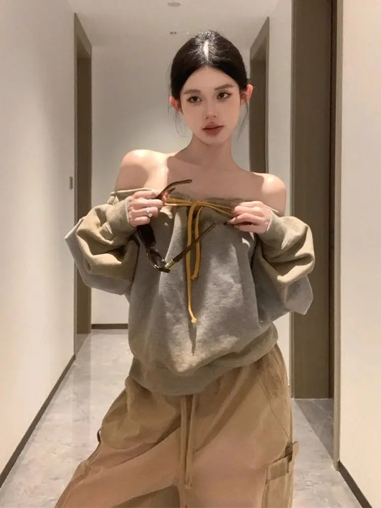 韓国風スレッドストリングオフショルダーヴィンテージオンブレスウェットシャツ女性用秋のゆったりとした美しいユニークなロングスリーブミートコン...
