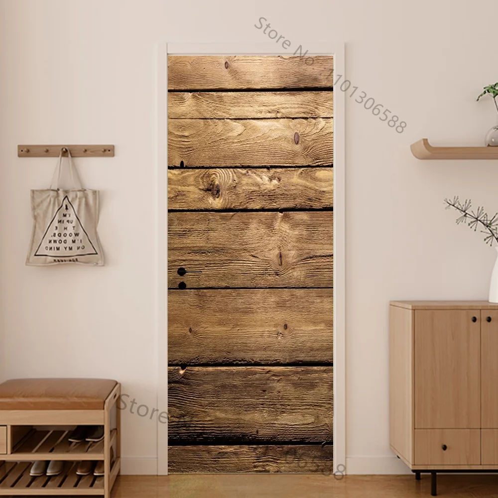 Retro Wood Design Printed Door Wrap Stickers Makeover Self-adhesive 3D Realistic Vintage Wooden Full Door Cover Decals Wallpaper