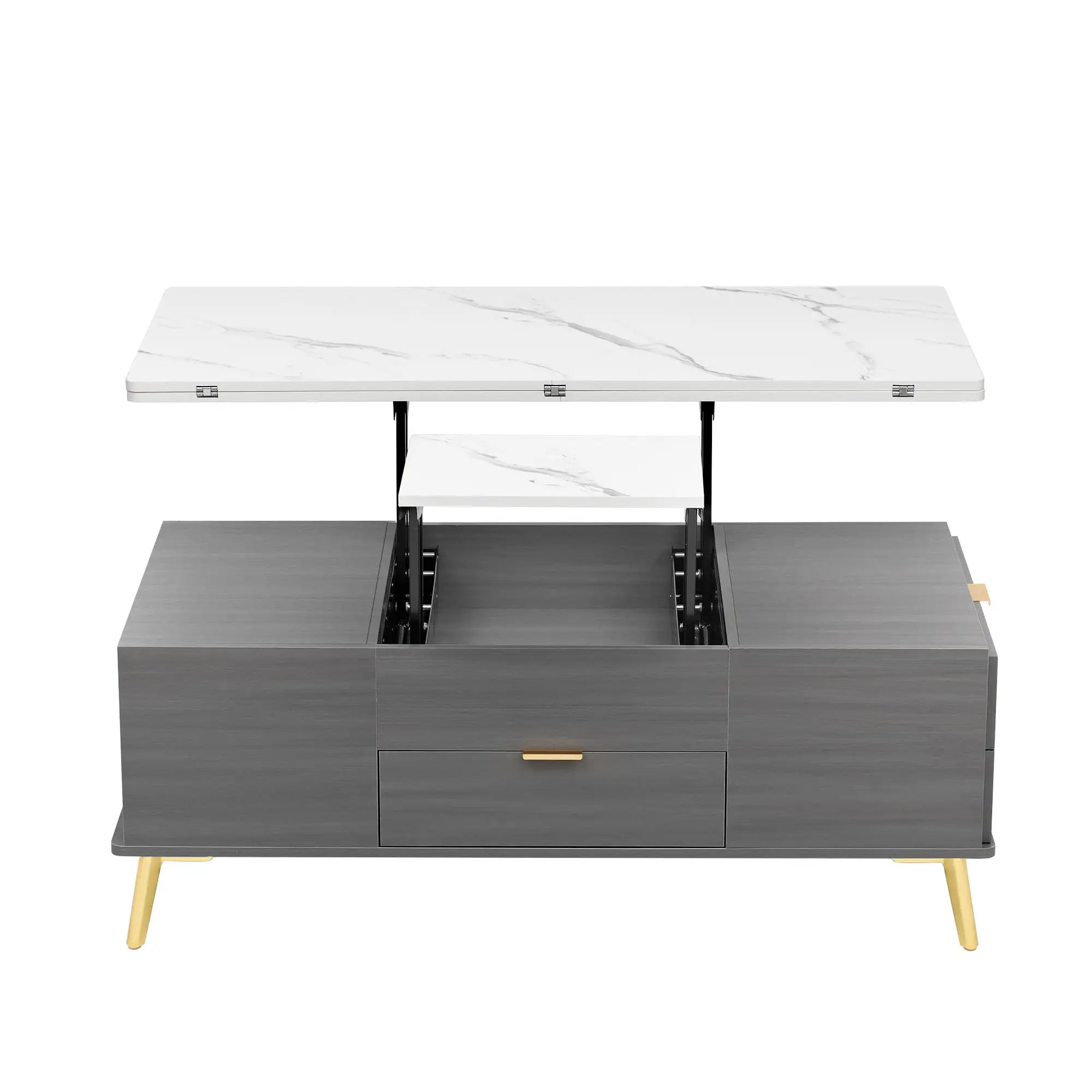 Mesa de centro moderna con tapa elevable, mesa multifuncional con cajones en gris y blanco