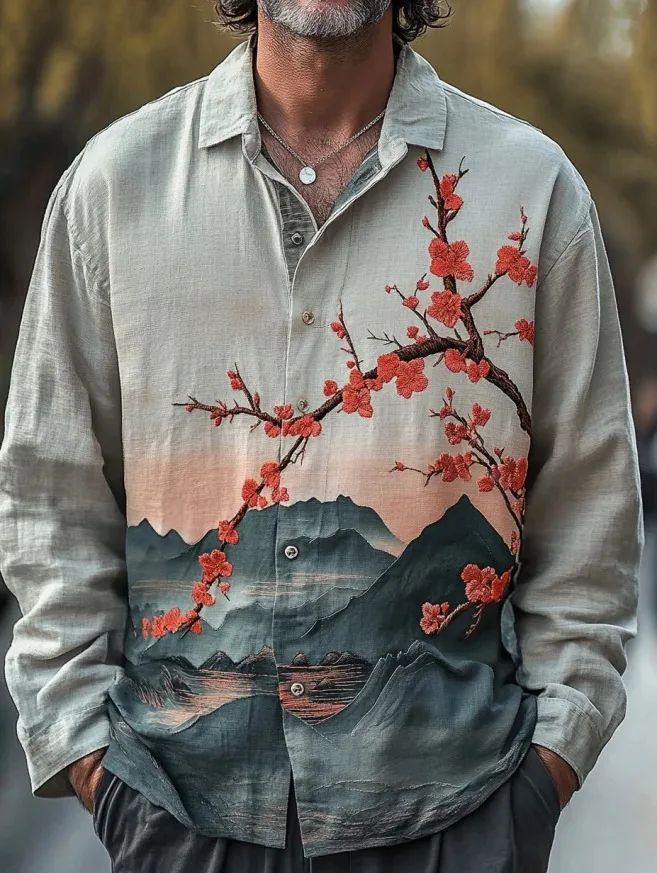 

Мужские топы, праздничная осень 2029, рубашка с длинными рукавами и цветочным горным пейзажем, японский художественный принт, большие туники на пуговицах в стиле ретро