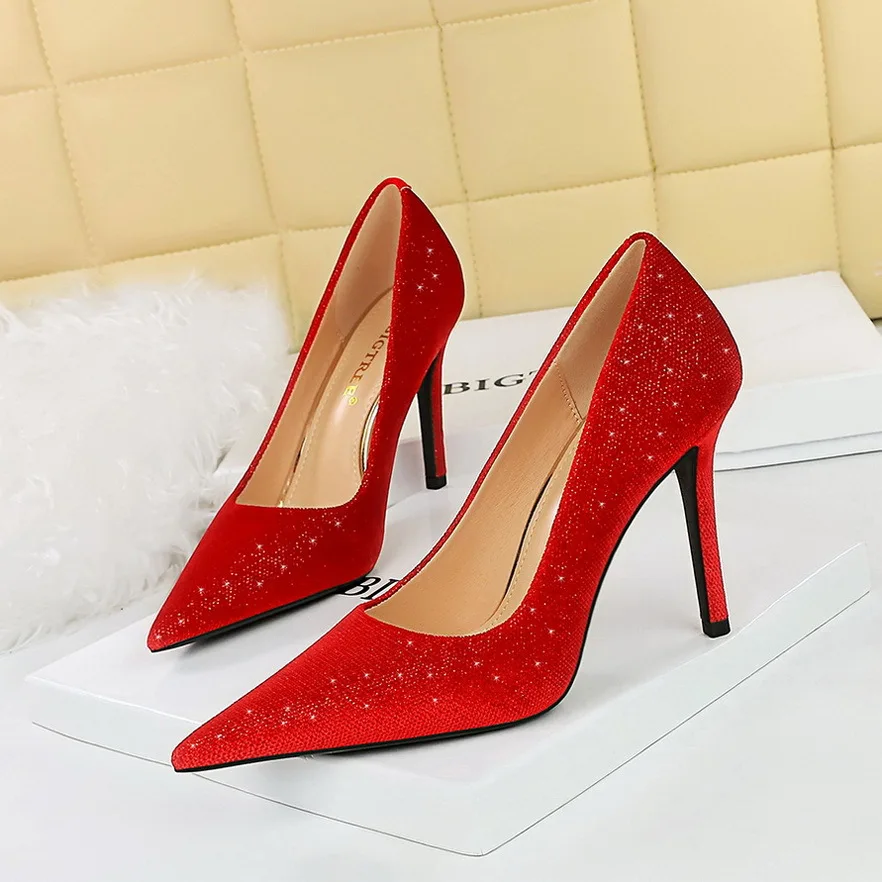 BIGTREE Newest Style Sexy Women Pumps Pointed Toe Wedding Bling Flock 7CM Thin Heels Elegant Professional Women's Shoes