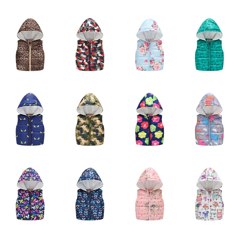

Boys and girls Autumn Winter Children's Vest Jacket Jacket Cartoon printed top Warm hooded zipper top vest coat 1-8 years old