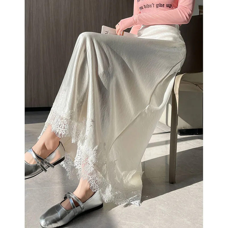 

Высококачественная атласная кружевная юбка в стиле ретро, женская летняя юбка средней длины с высокой талией 2025, утягивающая юбка средней длины в придворном стиле