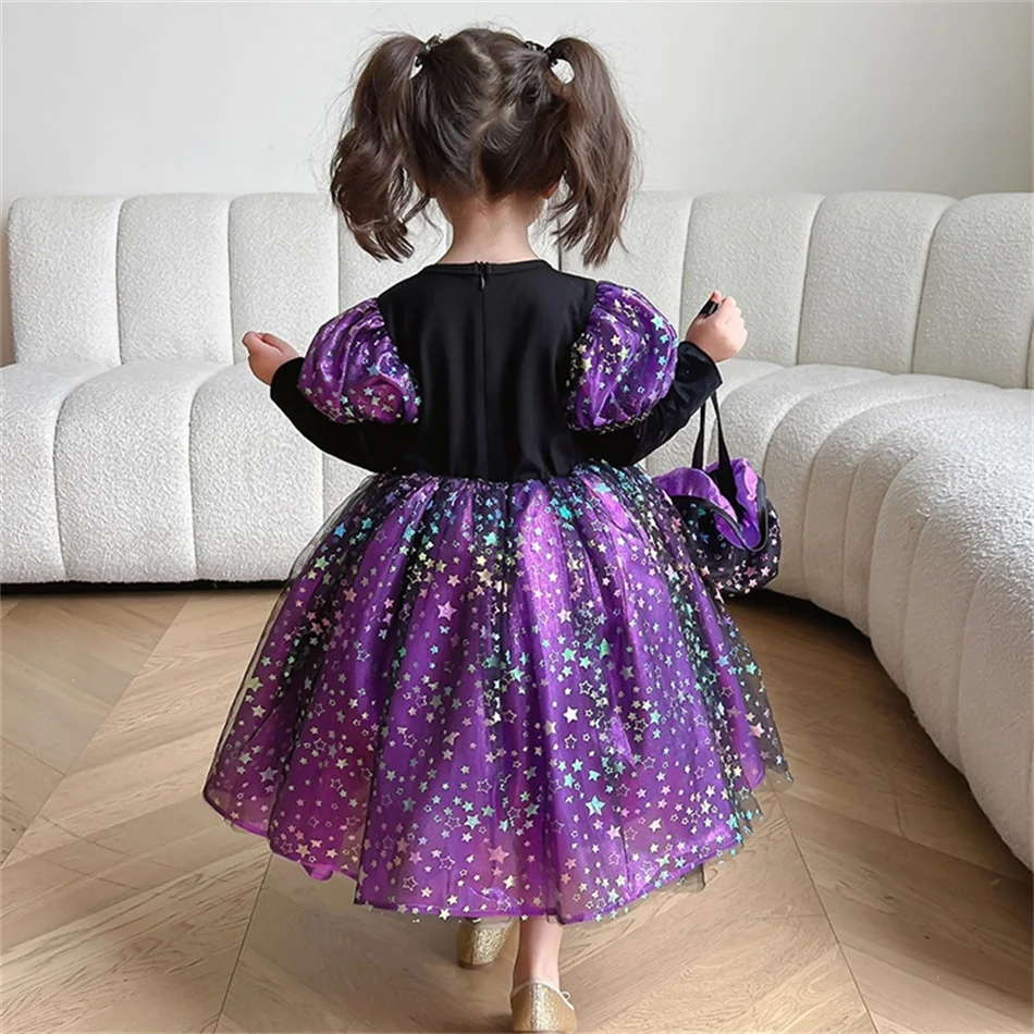 Girls Ball Gown Kids Purple Stars Print Christmas Carnival Birthday Party Costume Long Sleeves Dress Fluffy Mesh Deluxe Outfits