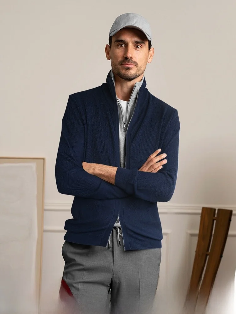 

Мужской вязаный свитер из смесовой шерсти с текстурой сосны, повседневная городская модная верхняя одежда, с длинными рукавами, на молнии, дышащий