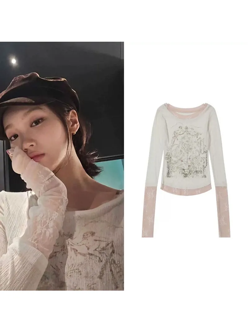 

Женская футболка с длинным рукавом в стиле ретро Pure Desire Dongda Gate 26 Spring Gold Source с принтом из страз и кружевными вставками, имитация двухслойности