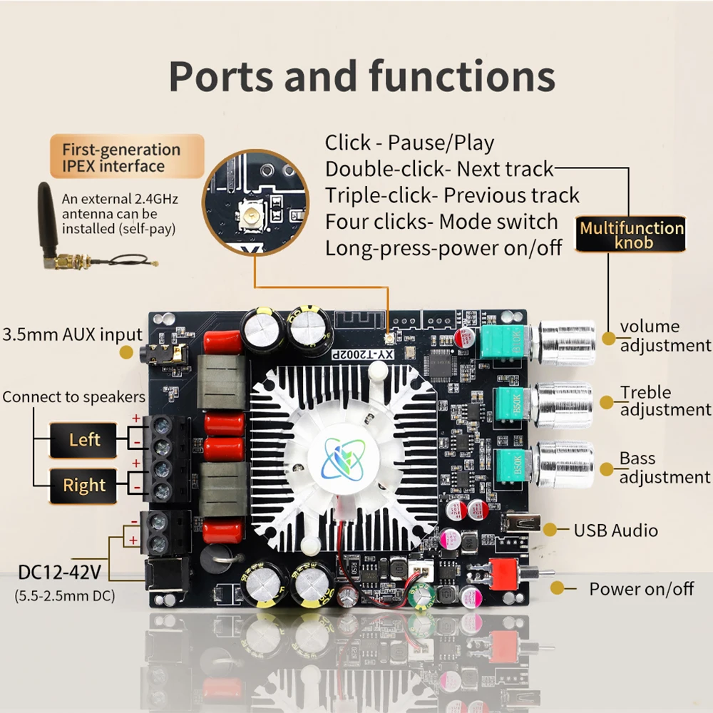 T2002P 200W+220W Bluetooth 5.2 Digital Power Amplifier Board AUX