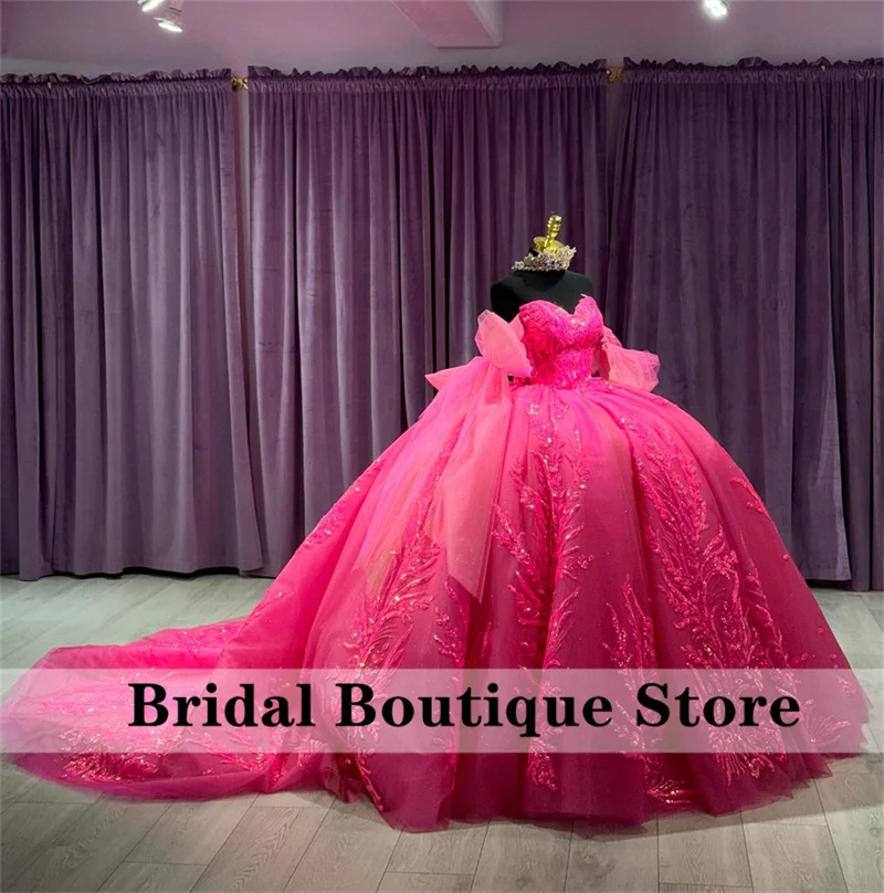 Glitter Hot Pink Princess Quinceanera Dresses 2024 Beads Appliques Crystal Sequins Ball Gown Sweet 15th Dress Customized