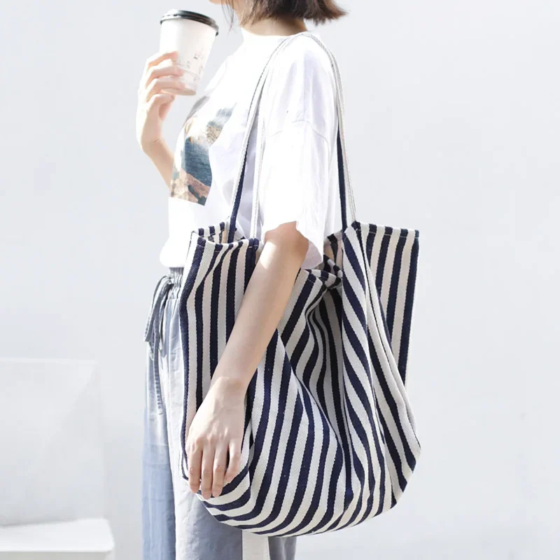 Striped Big Canvas Tote Bag for Women Summer Beach Classical Fabric Soft Large Handbag 2024 Female Large Casual Top-handle Bag