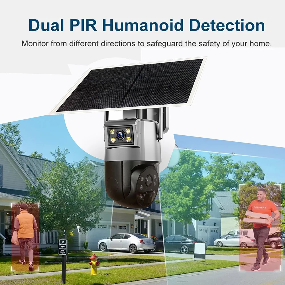 ALLCHN-Painel de Câmera Solar, Lente Dupla, Tela Dupla, CCTV, PTZ, Exterior, Colorido, Áudio, Detecção Humana PIR, 6MP