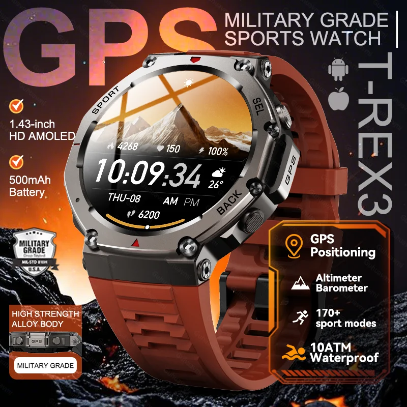 

T-REX3 Military Grade GPS Men Adult Smartwatch Altimeter 500mAh Battery Bluetooth Call 10ATM Waterproof Swim Sports Smart Watch