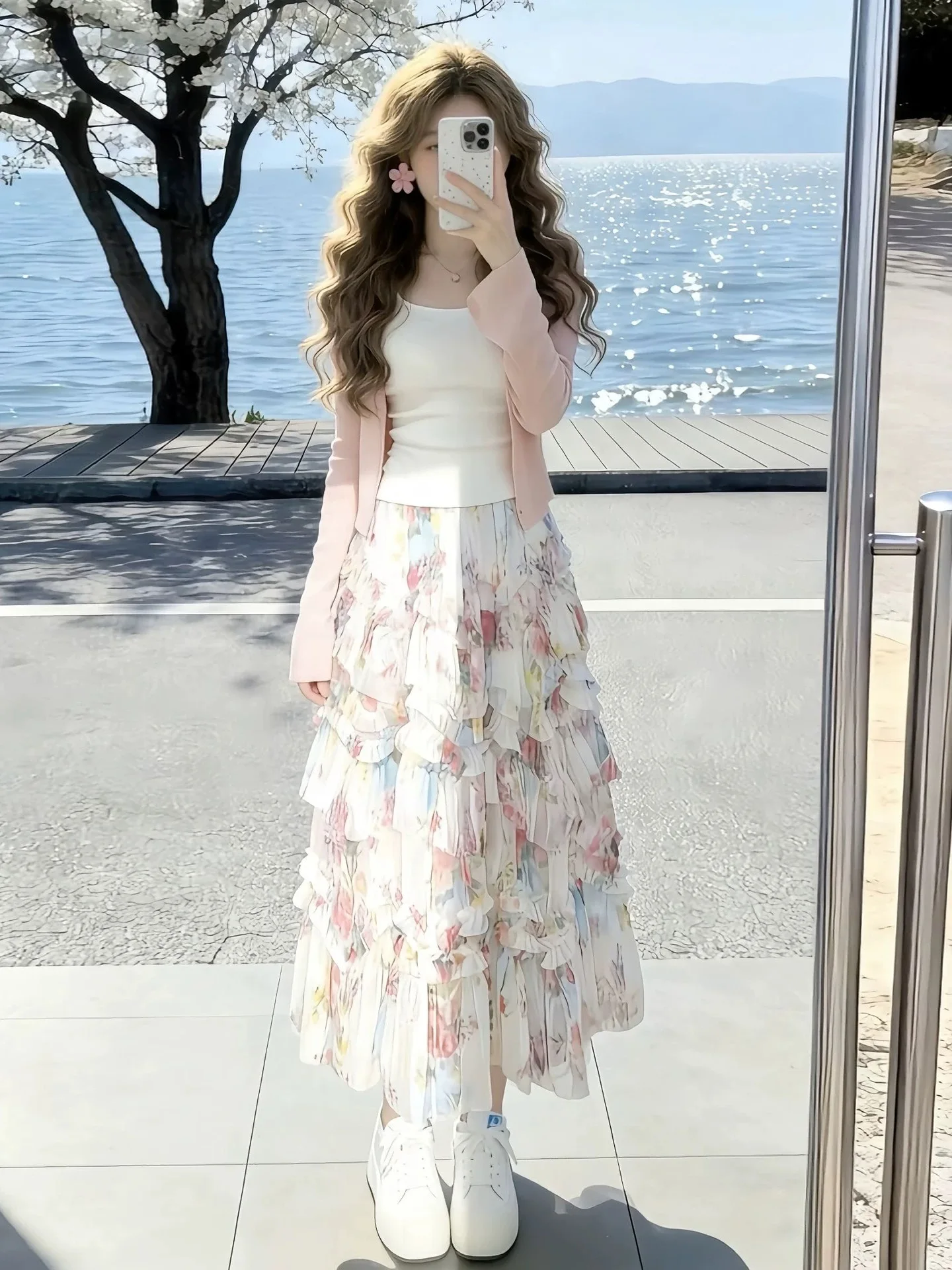 

Весенний женский комплект-тройка в корейском стиле 2026: длинная юбка, дышащая, с завышенной талией, круглым вырезом, цветочным принтом, для ранней весны