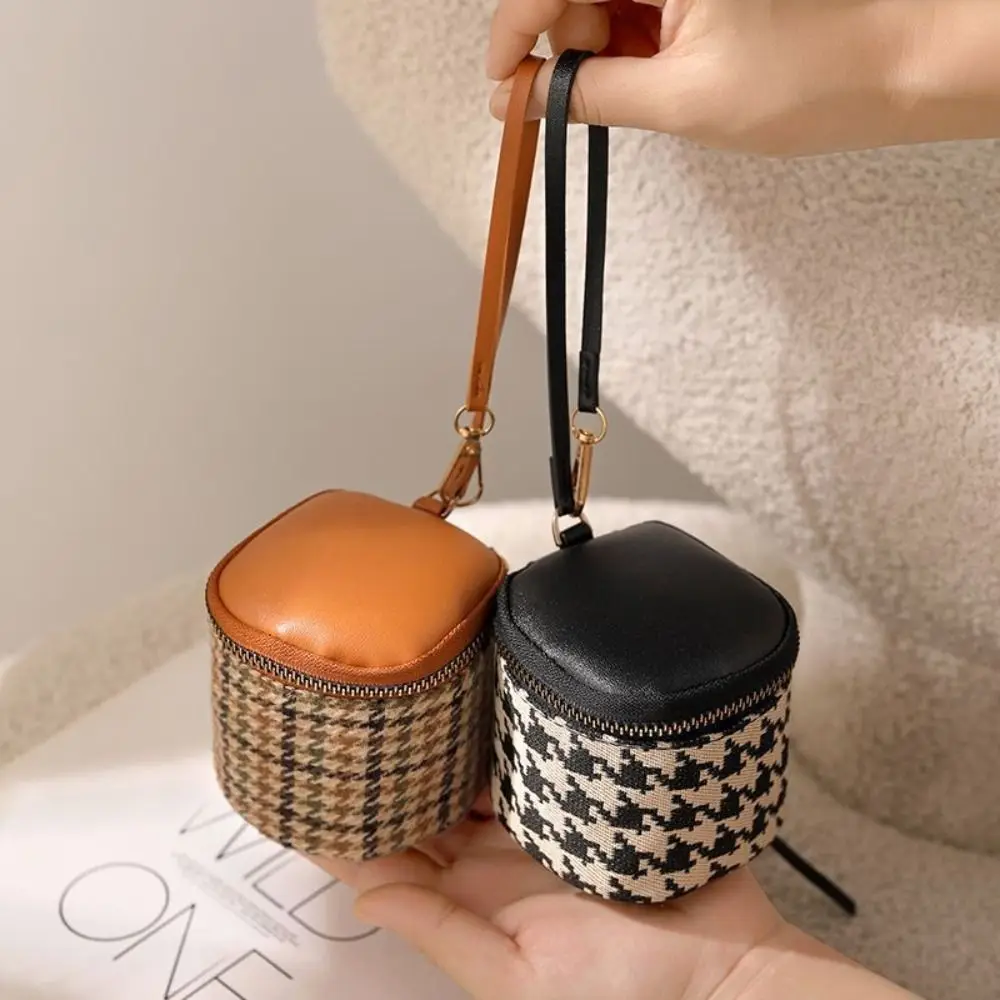 

Practical Portable Small Square Coin Purse Canvas Velvet Houndstooth Zipper Wallet Leather Wrist Bag Mini Storage Bag Travel