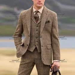 Men's Brown Plaid Check Business Suit Single Breasted 3-Piece Formal Blazer for Dinner Party Prom Groom Wedding Tuxedo Customize