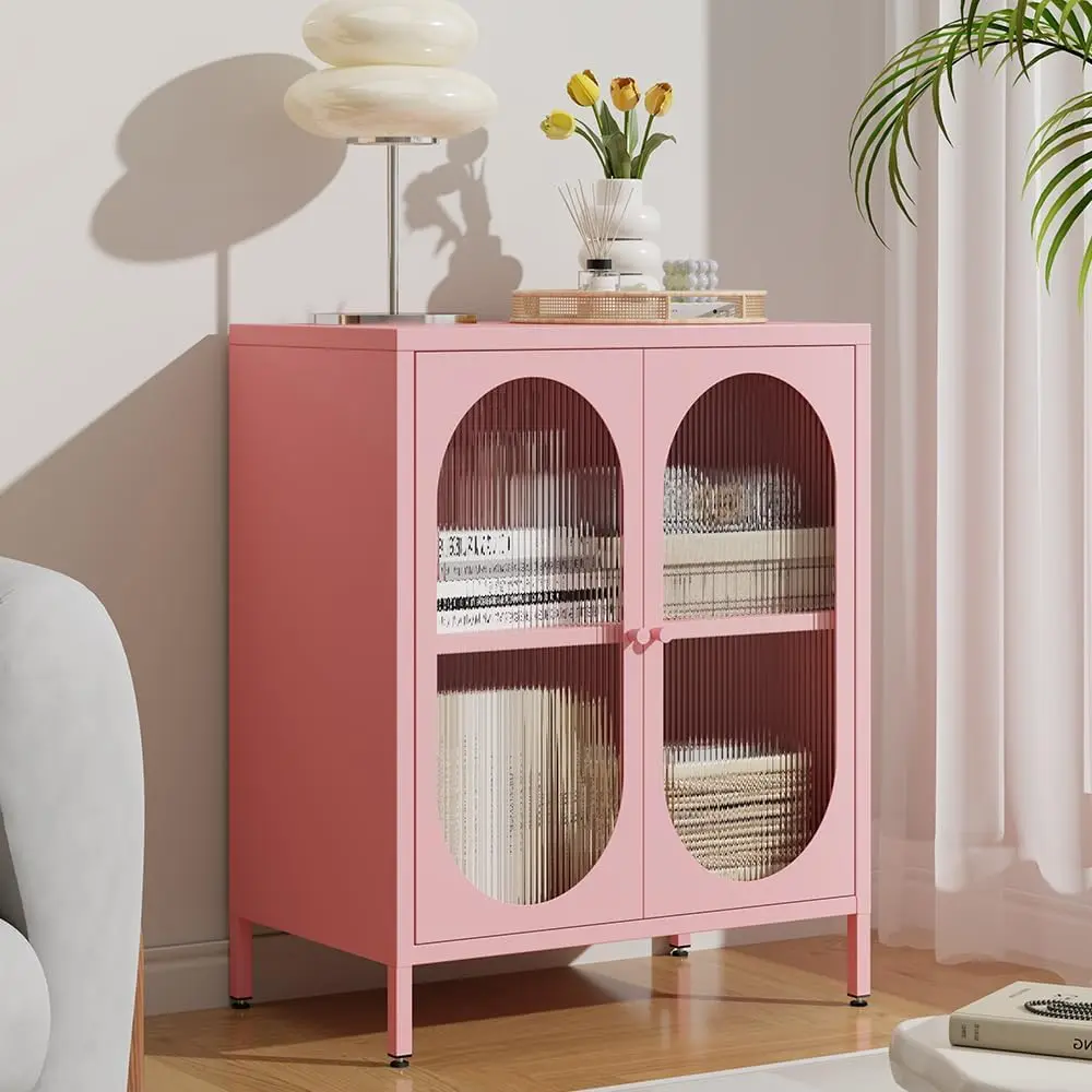 2 Door Metal Storage Cabinet with Acrylic Doors, 2-Tier Steel Locker Cabinet with Adjustable Shelf for Bedroom Bedside Office