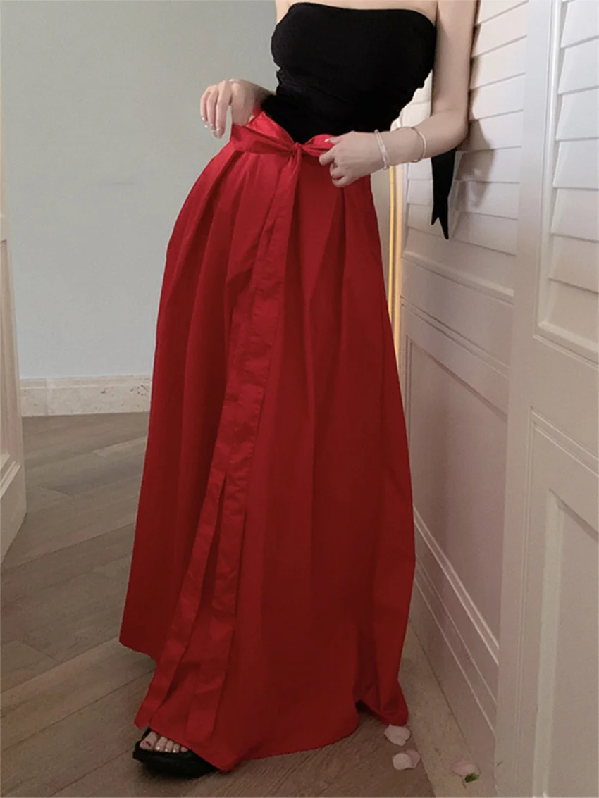 

PLAMTEE Red Bow A-Line Skirts Women Chic Fashion Gentle 2024 OL Party High Waist Loose Summer Wedding Office Lady Slim Casual