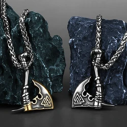 Nordic Retro Fashion Odin Viking Rune Axe High Quality Pendant Necklace Stainless Steel Rune Men and Women Amulet Necklace Gift