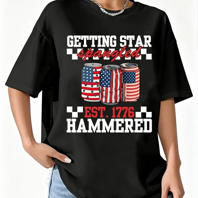 Getting Star Spangled Hammered Women's 100% Cotton T-Shirt Short Sleeve Top Casual Round Neck Fun Print Tee S-5Xl