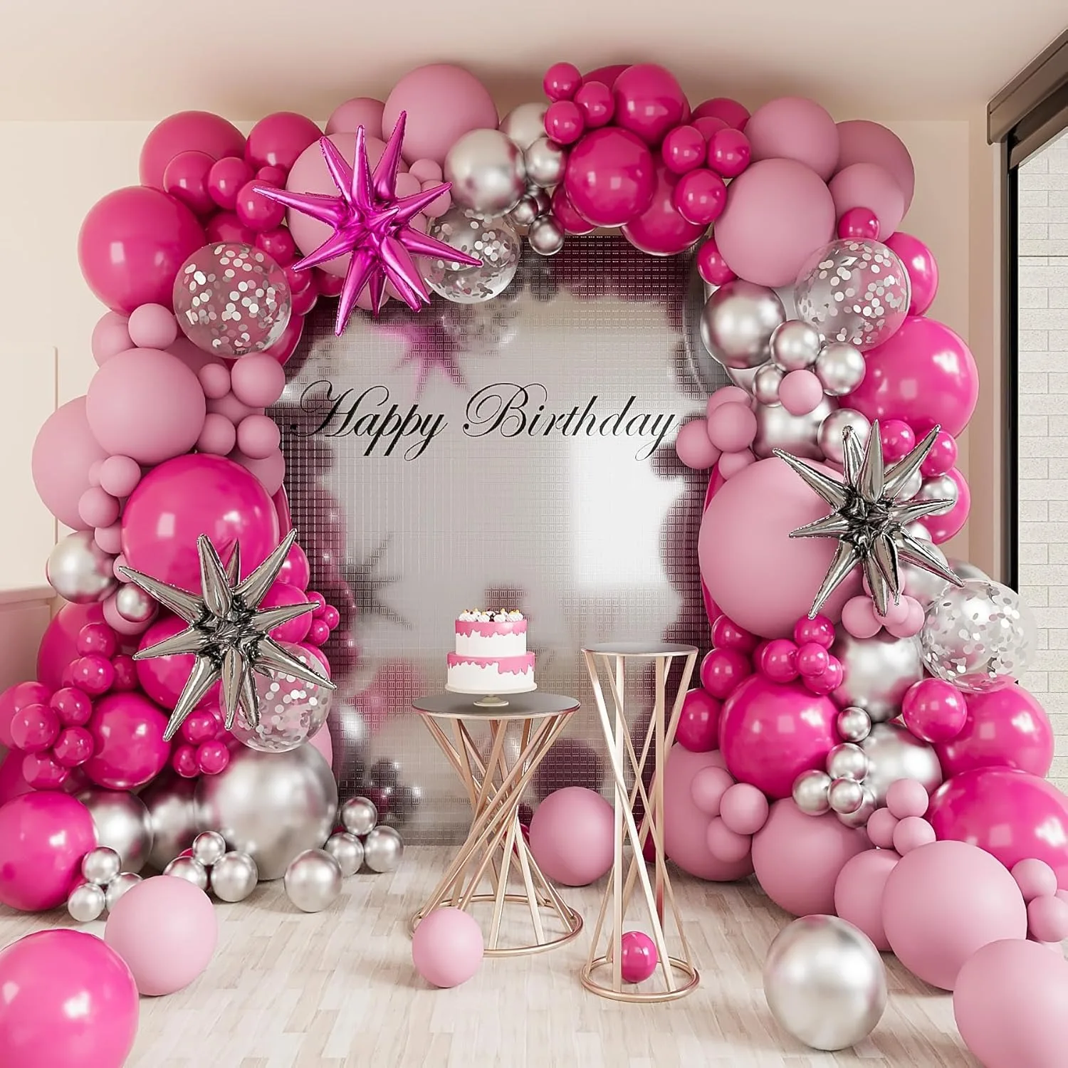 141Pcs Hot Pink Silver Balloons Arch Garland Kit-Pink Balloon for Princess Birthday Graduation Party Baby Shower Decor Supplies