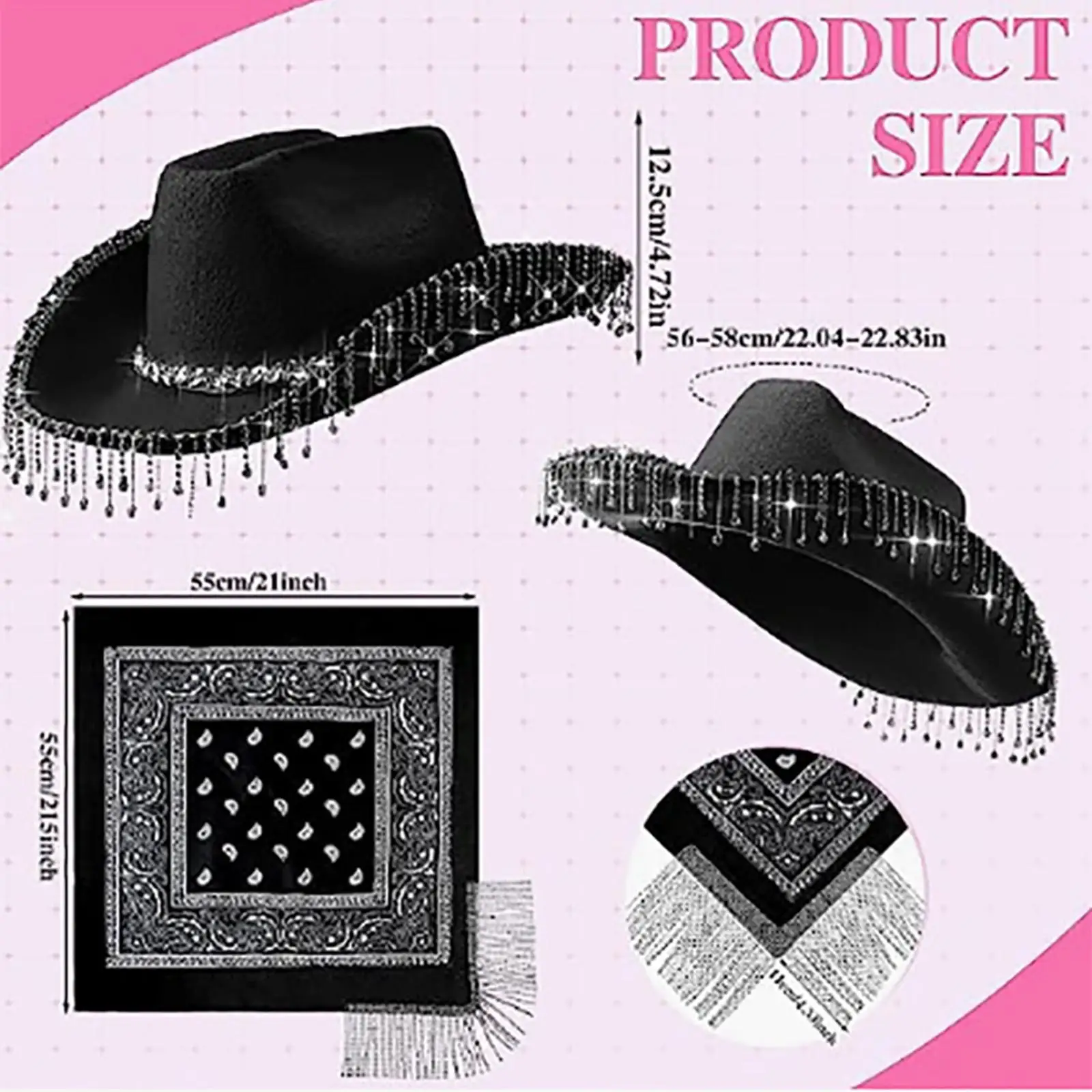 Felt Cowgirl Hat Glitter Rhinestone Fringe Cowboy Hat with Fringed Bandana Bling Tassels Halloween Cosplay Costumes Props