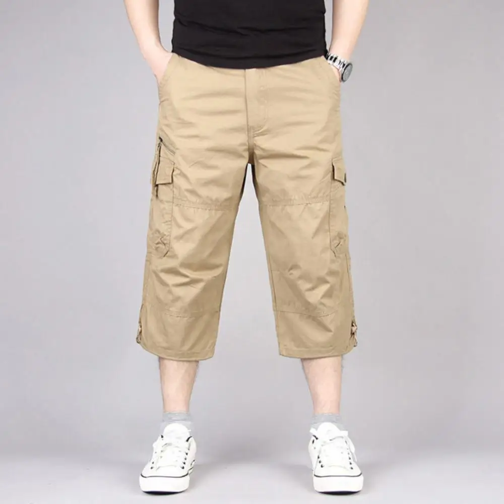 3XL Men Solid Color Breathable Pocket Loose Straight Cropped Pants Trousers