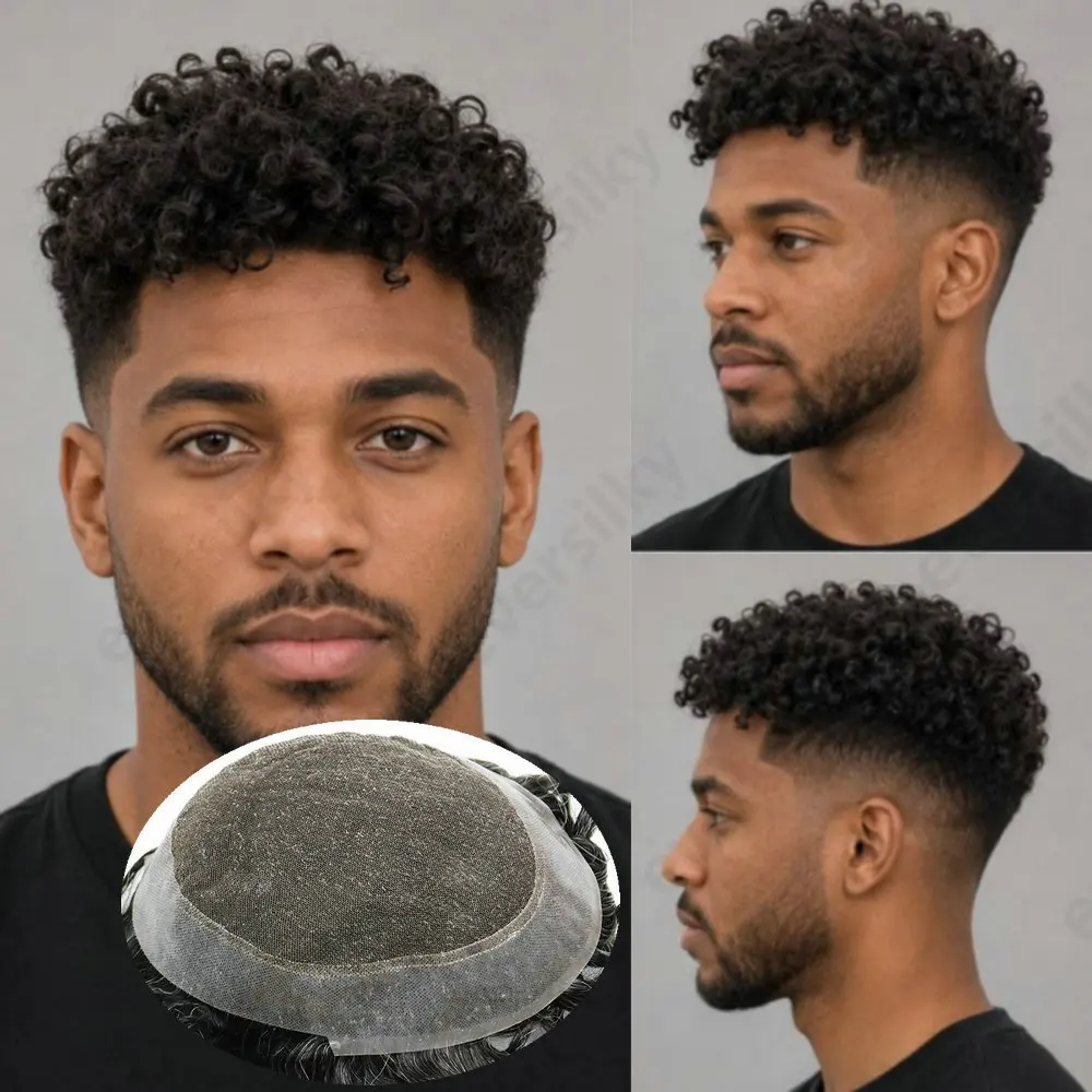 Afro-Lockige 8mm Echthaar-Perücken Australien Toupet für Männer Französische Spitze Oben & PU Rundherum Natürlicher Haaransatz Kapillarprothese Haarsystem – Detail 1