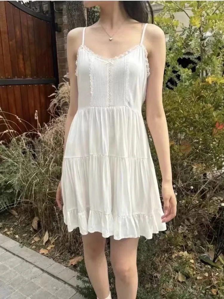 블랙 레이스 트림 a 라인 드레스 여성 새로운 탄성 허리 v 넥 민소매 미니 드레스 streetwear 빈티지 세련된 짧은 vestidos y2k