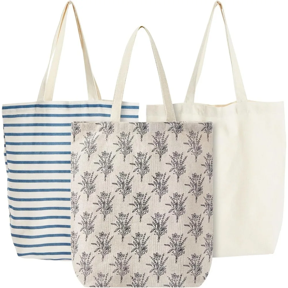 

Tote Bag Set of 3 - Small Multi-Color (3 Designs) - Polycotton Reusable Cloth Bags for Grocery & Farmers Market (15 x 16.5 in)