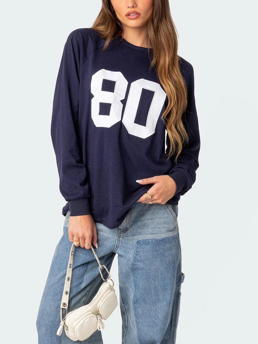 Women’s Casual Sweatshirts Long Sleeve Round Neck Letter Pattern Pullovers Oversized Tops