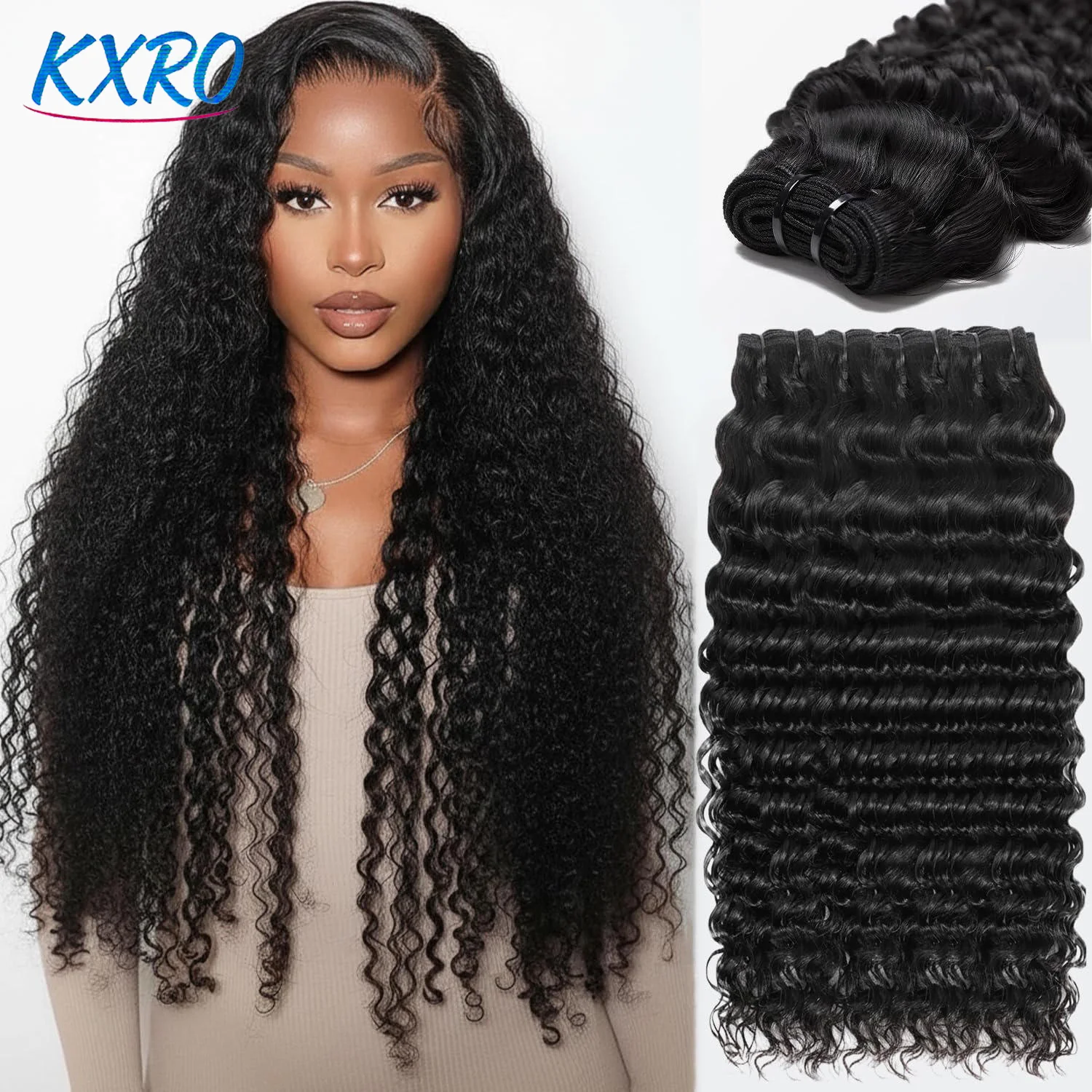 Extensions de cheveux humains vierges non traités, ondulés profonds, qualité supérieure, brésiliens, double trame machine, noirs naturels, à tissage rapide, 3 ou 4 paquets