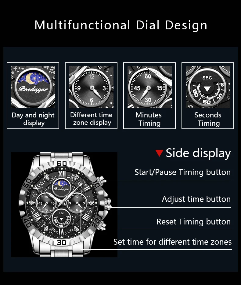 POEDAGAR Luxus Mann Uhr Wasserdicht Leucht Edelstahl Quarz herren Armbanduhr Chronograph Militär Uhren Für Männer Reloj – Detail 9