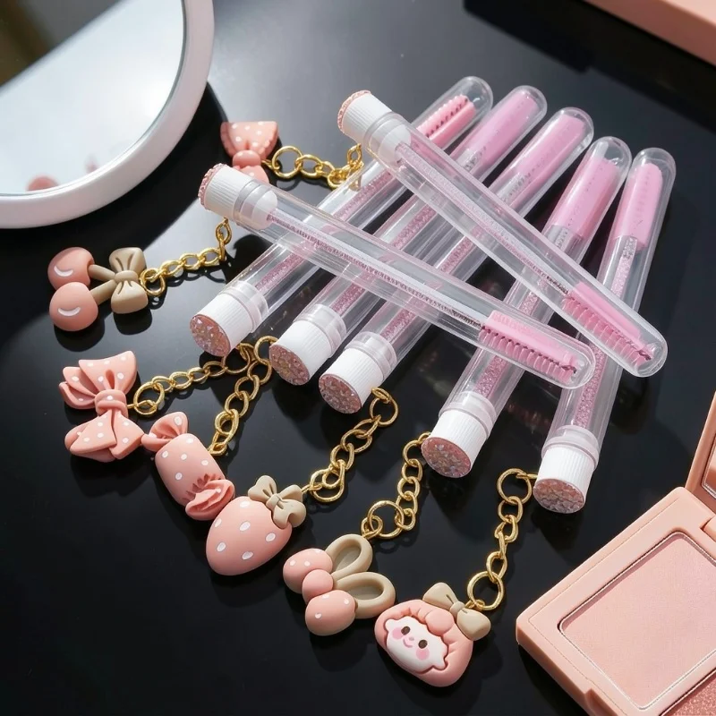 Aplicador Portátil de Extensão de Cílios em Tubo Rosa Fofo com Escovas de Cílios e Varinhas de Máscara, Ferramentas Descartáveis para Limpeza de Maquiagem