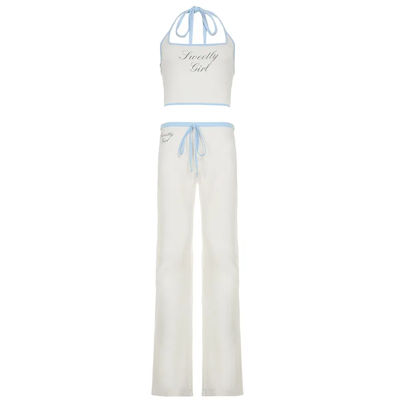 

2025 New American Hottie Lace-up Striped Contrasting Suspender Low-waist Drawstring Loose Casual Pants Woolen Two-piece Set