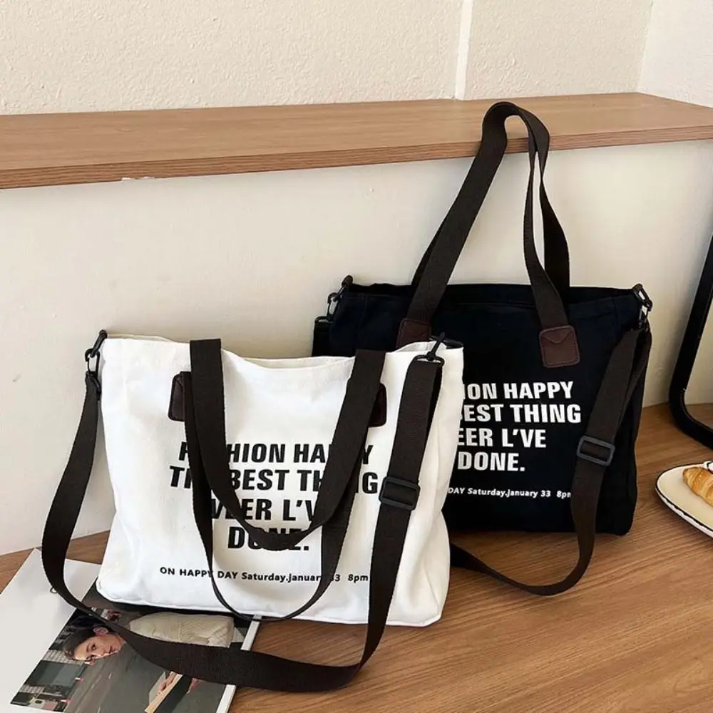 

Letter Canvas Shoulder Bag Casual Large Capacity Women Tote Bag Soft Multi-Pocket Versatile Canvas Handbag Shopping