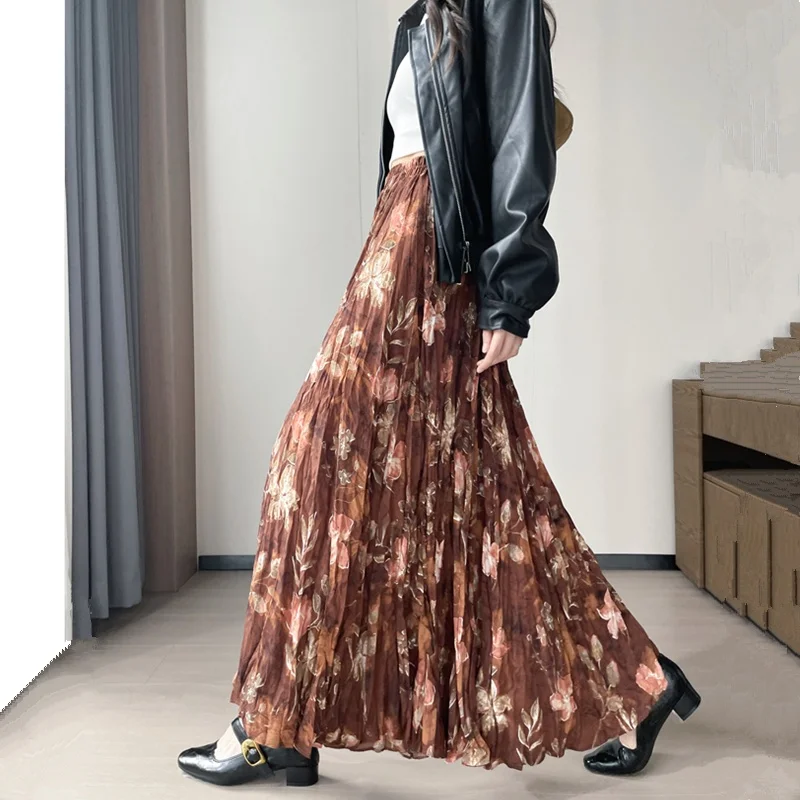 

Retro Coffee Floral adient f Skirt Women's High Waist A-Line Midi Umbrella Skirt Commute Ci Polyester Fiber Gored Skirt