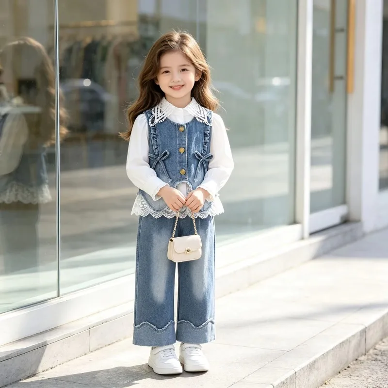 Girls 3 Piece Outfit Autumn Kids Denim Vest Lace Trim Shirt Wide Leg Pants Set Toddler Casual Western Children Clothing 90-130cm