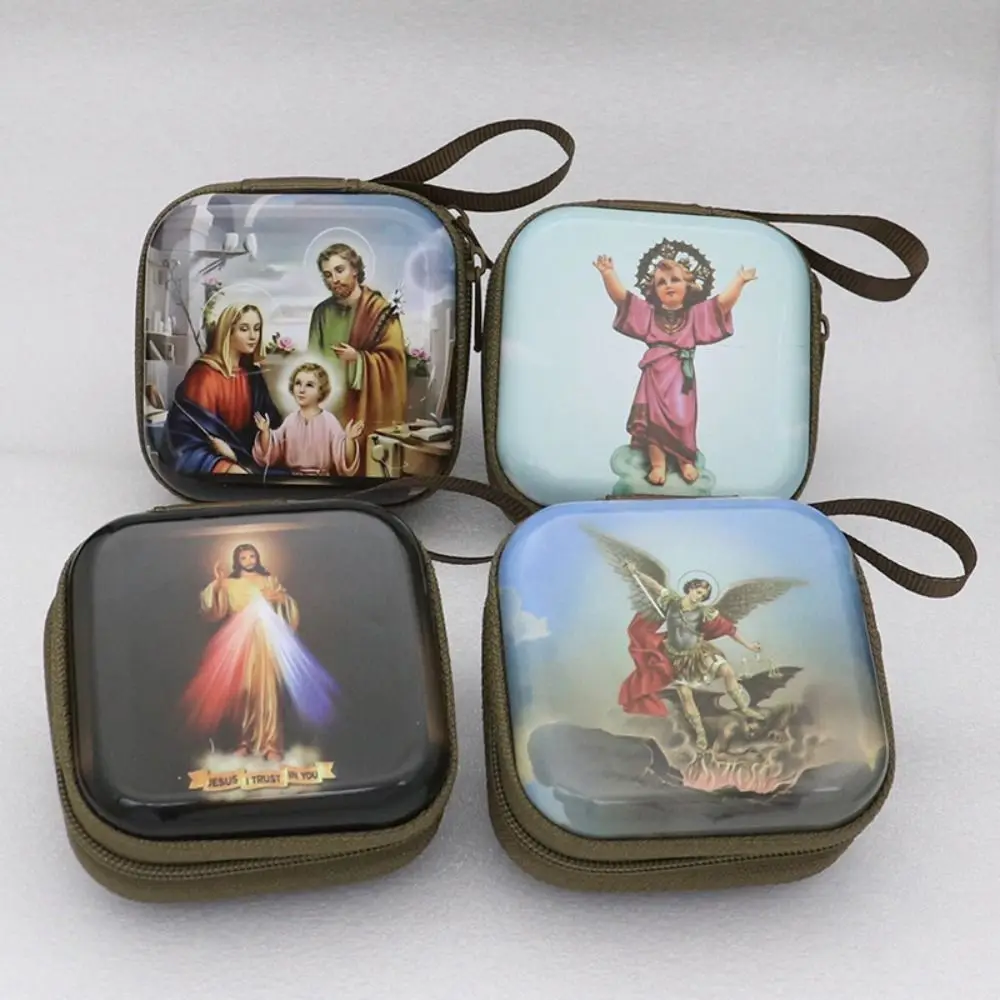 Virgin Mary Prayer Rosary Storage Bag 7x7cm Zippered Religious Jewelry Box Iron Artwork Cartoon Christian Gift