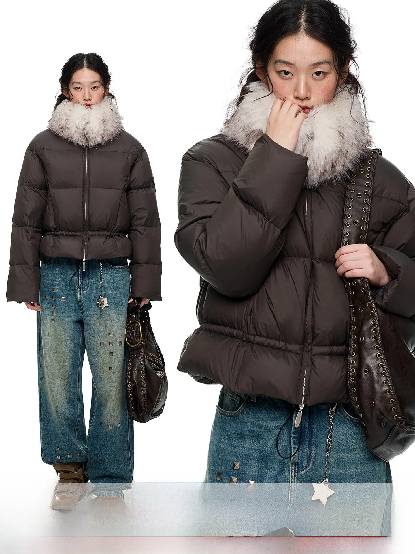 

JIKOO New 90 down Jaet with Fur Collar Dstring Hem Two Pieces Casual Loose Fit Warmth Ladies Coat Zipper Closure