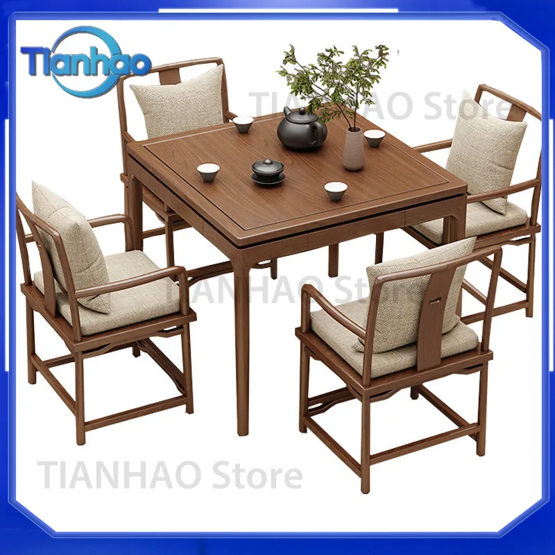 Mahjong Dining Table and Chair Set Baxian for Solid Wood Teahouse Tea Table Chess and Card Table