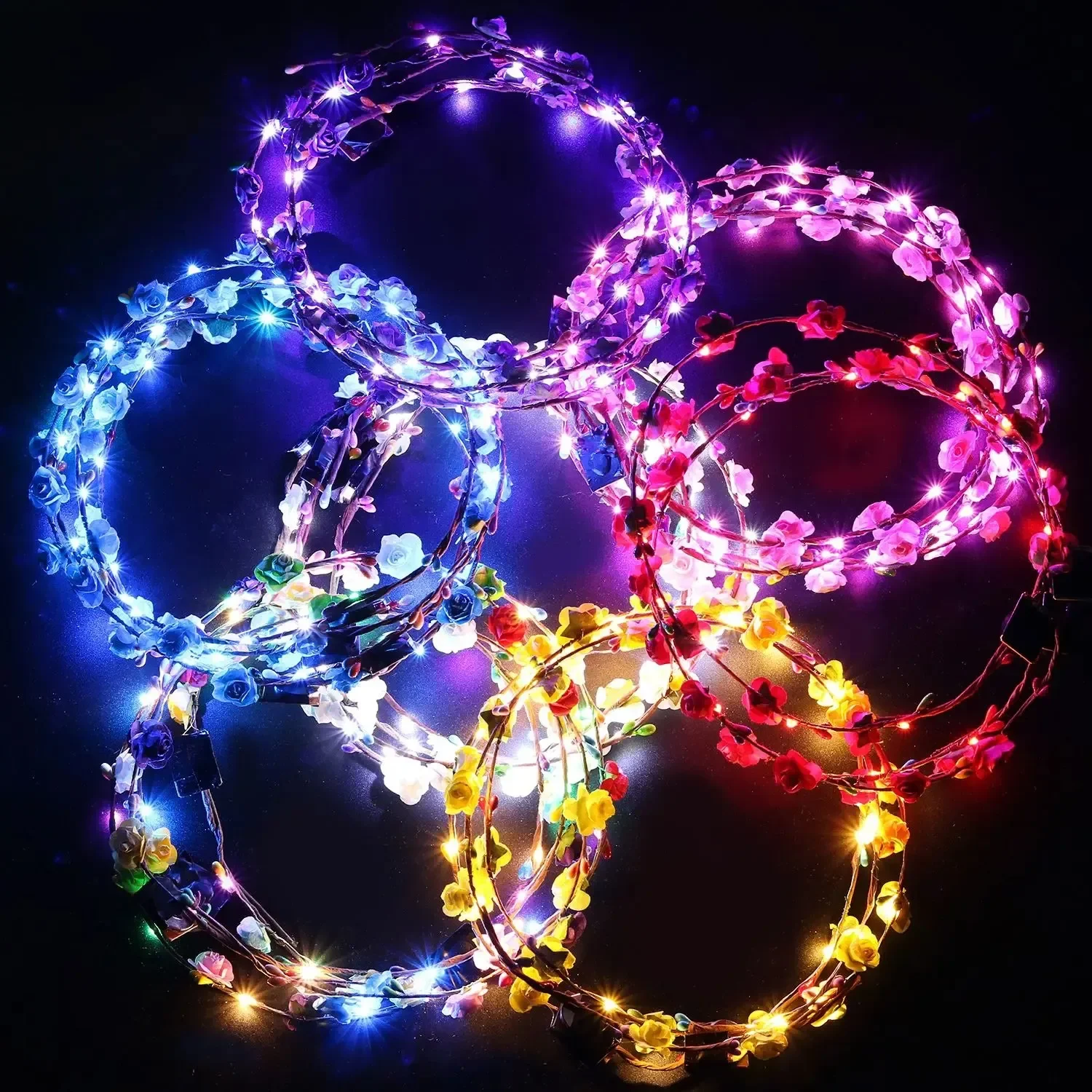 10/20/30/50Pcs Light up Flower Headband LED Flower Hair Crown Glowing Floral Wreath Crowns Birthday Wedding Party Favors