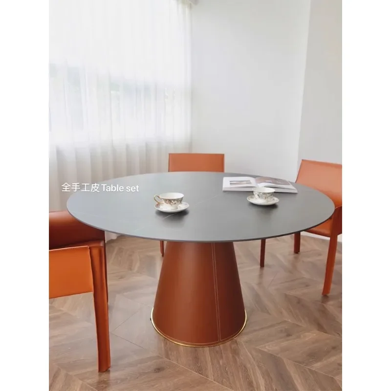 Imported handmade leather family multi-purpose round dining table mesh rock slab dining table